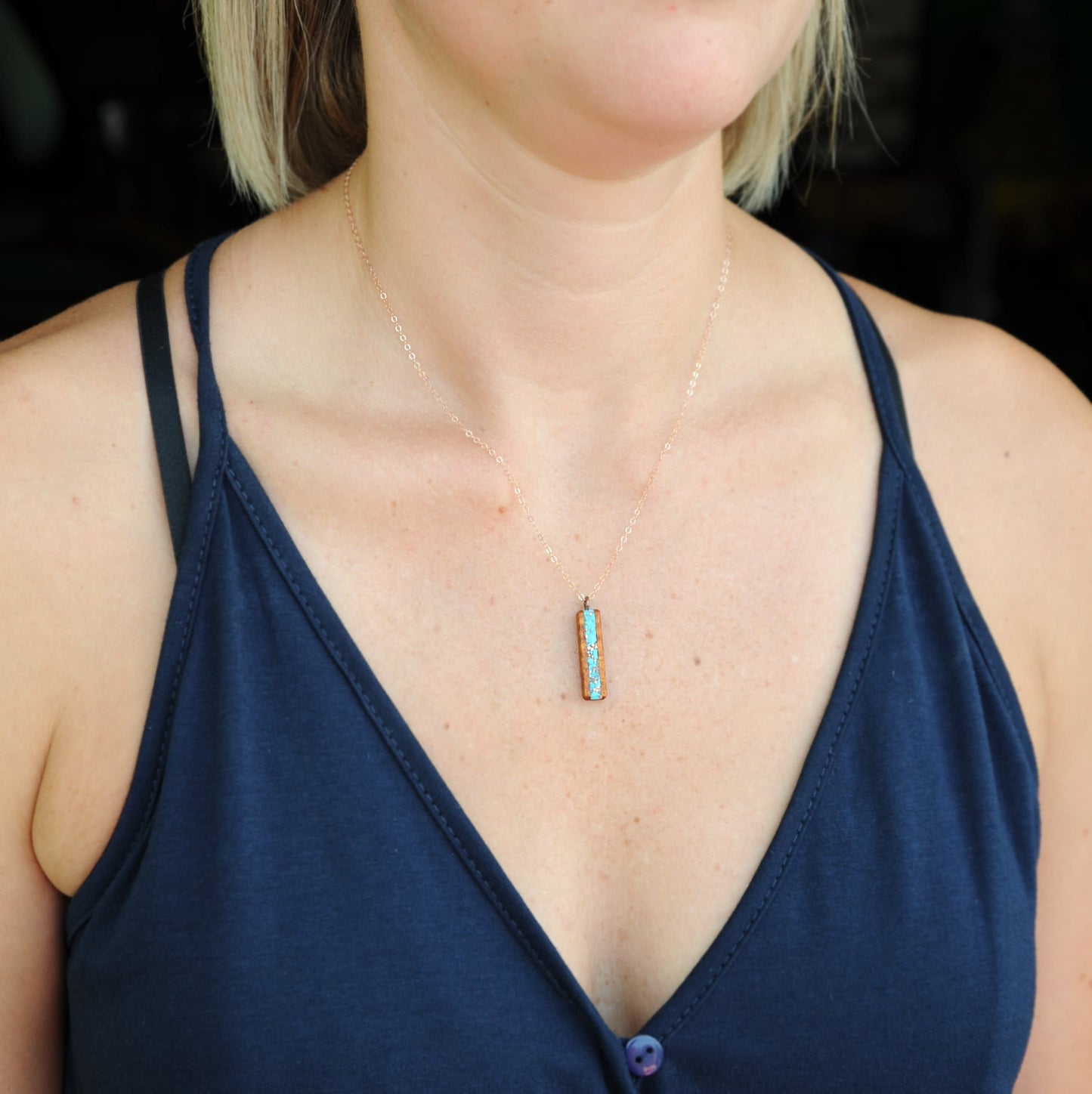 Koa Wood Necklace with Turquoise and Copper Inlay