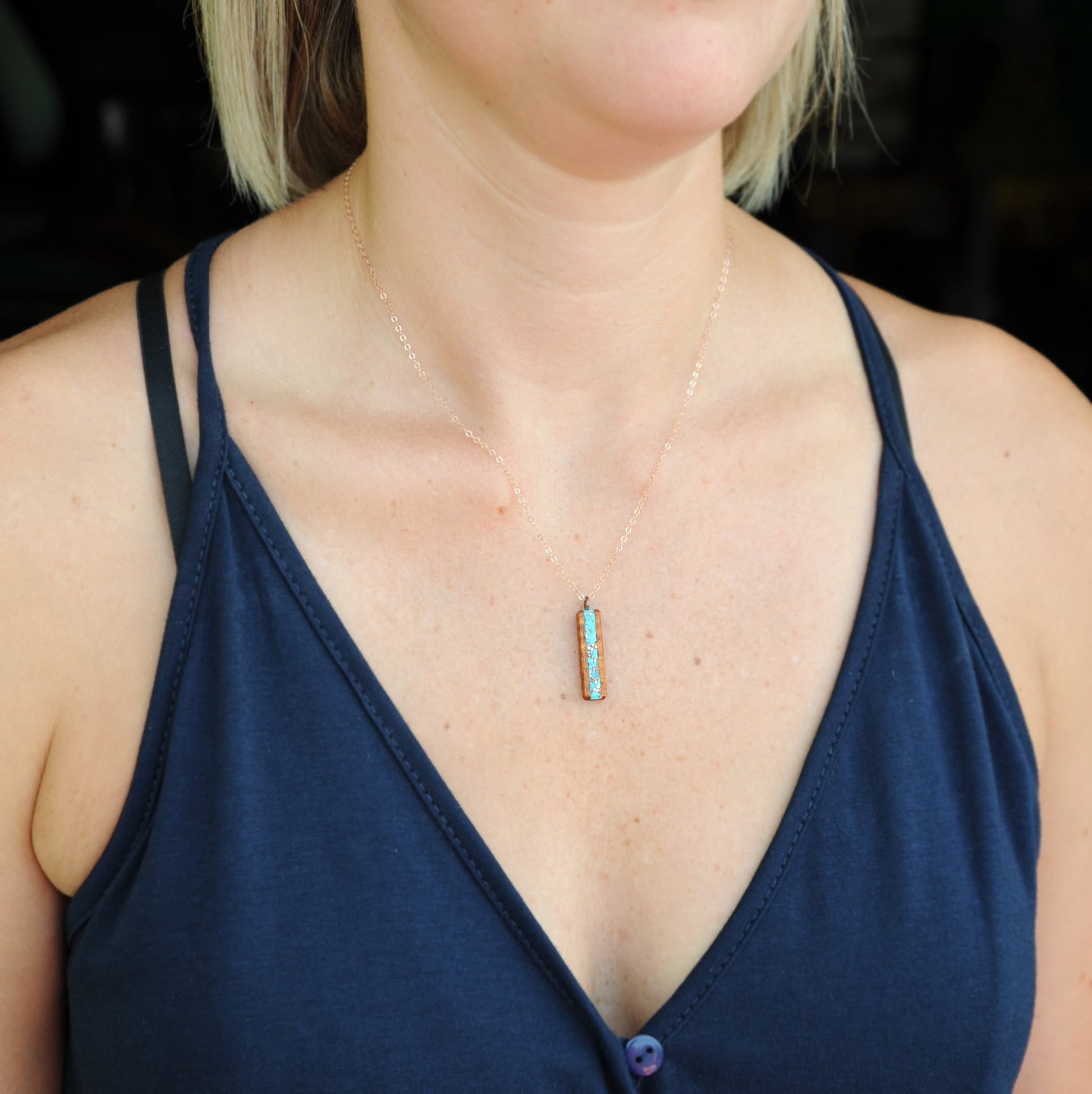 Koa Wood Necklace with Turquoise and Copper Inlay