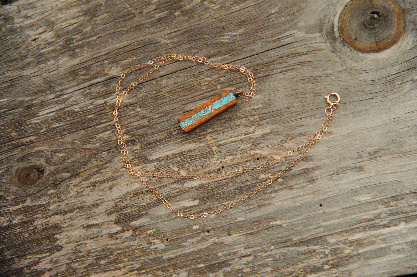 Koa Wood Necklace with Turquoise and Copper Inlay