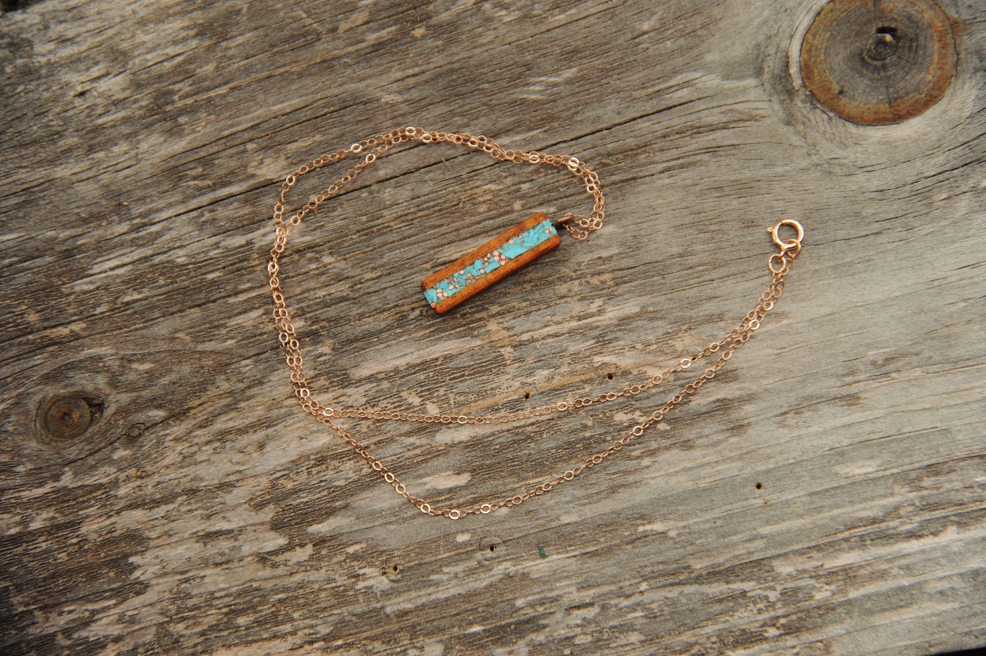 Koa Wood Necklace with Turquoise and Copper Inlay