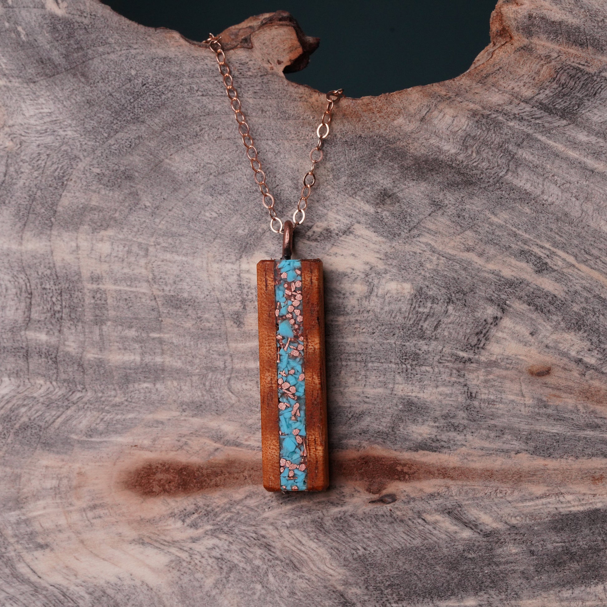 Koa Wood Necklace with Turquoise and Copper Inlay