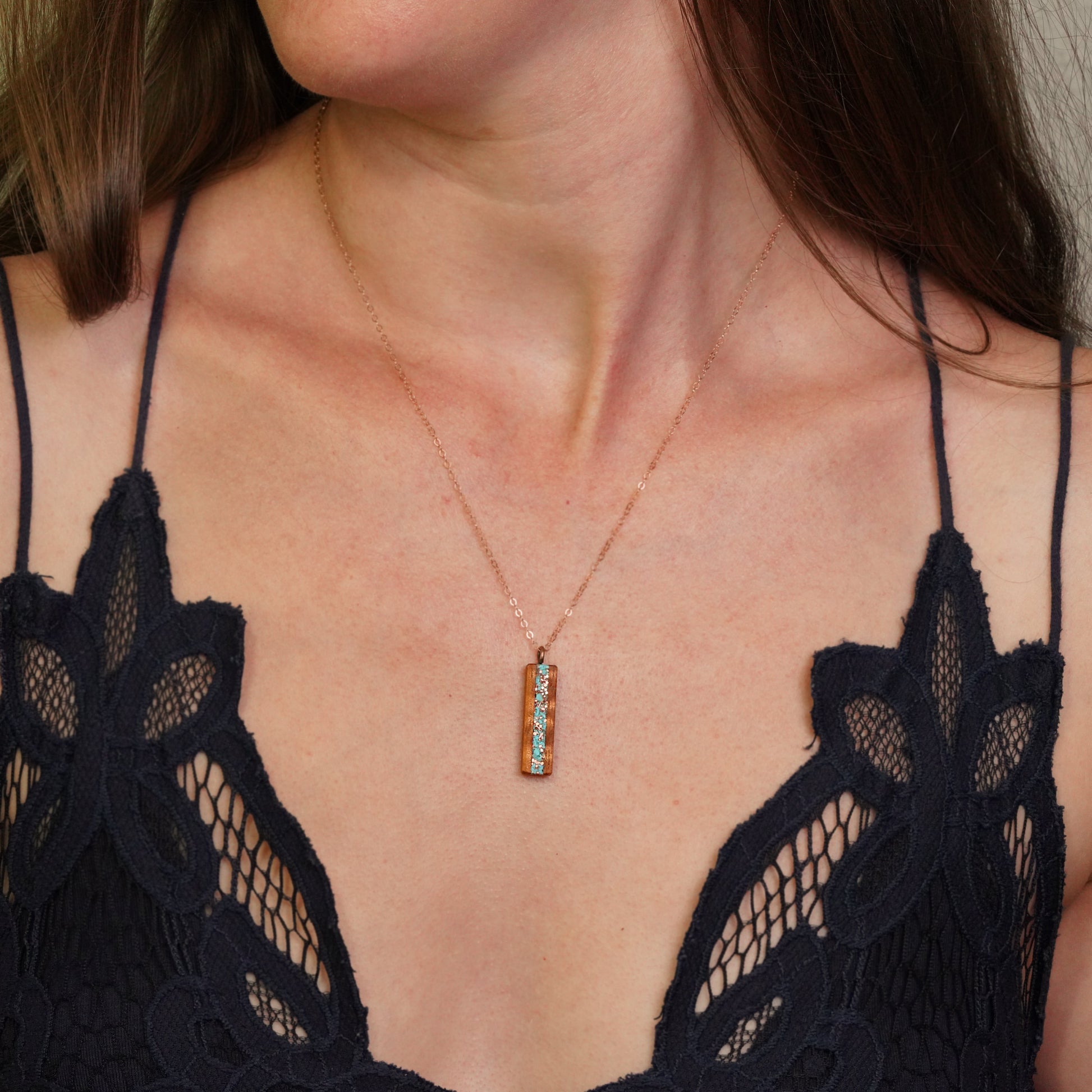 Koa Wood Necklace with Turquoise and Copper Inlay