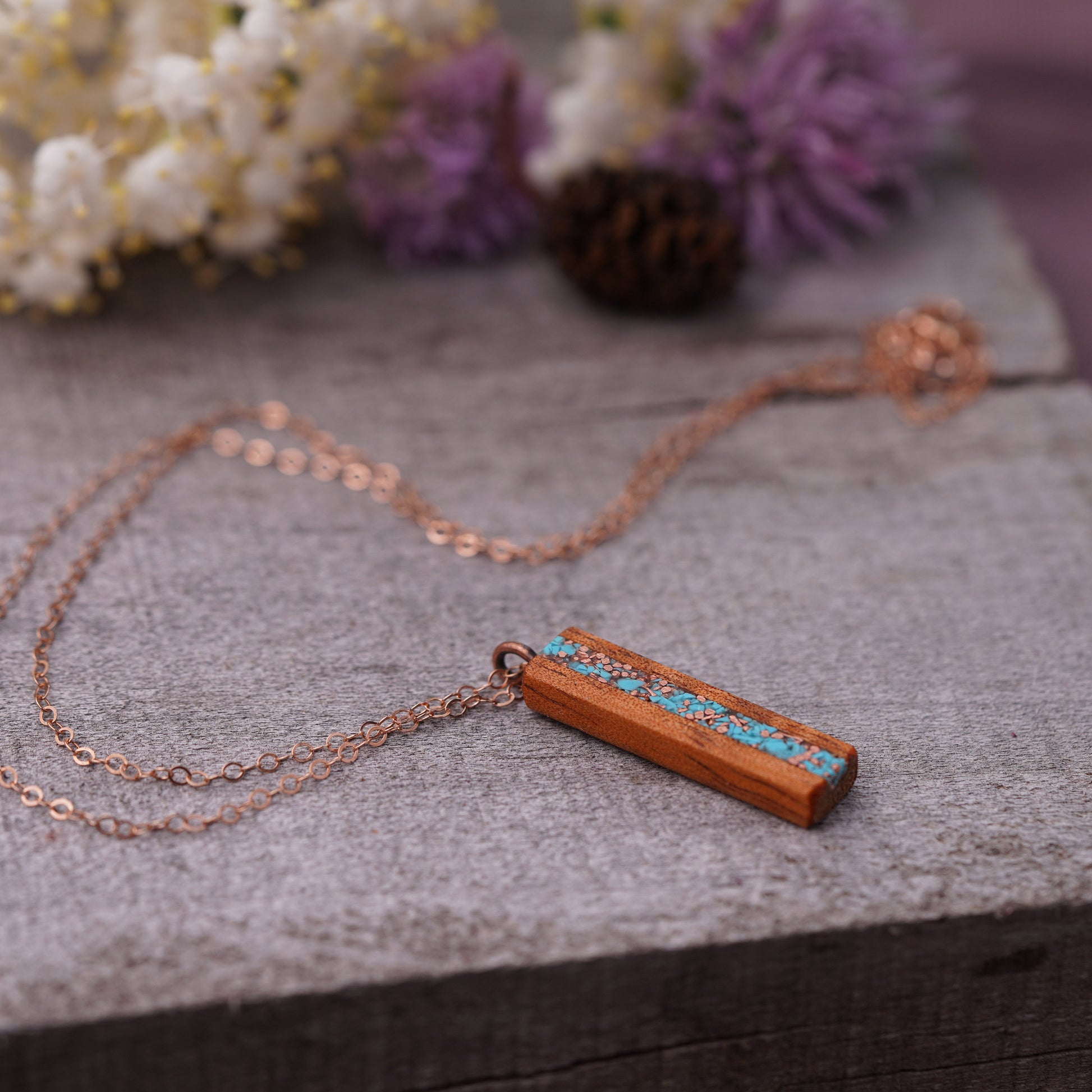 Koa Wood Necklace with Turquoise and Copper Inlay