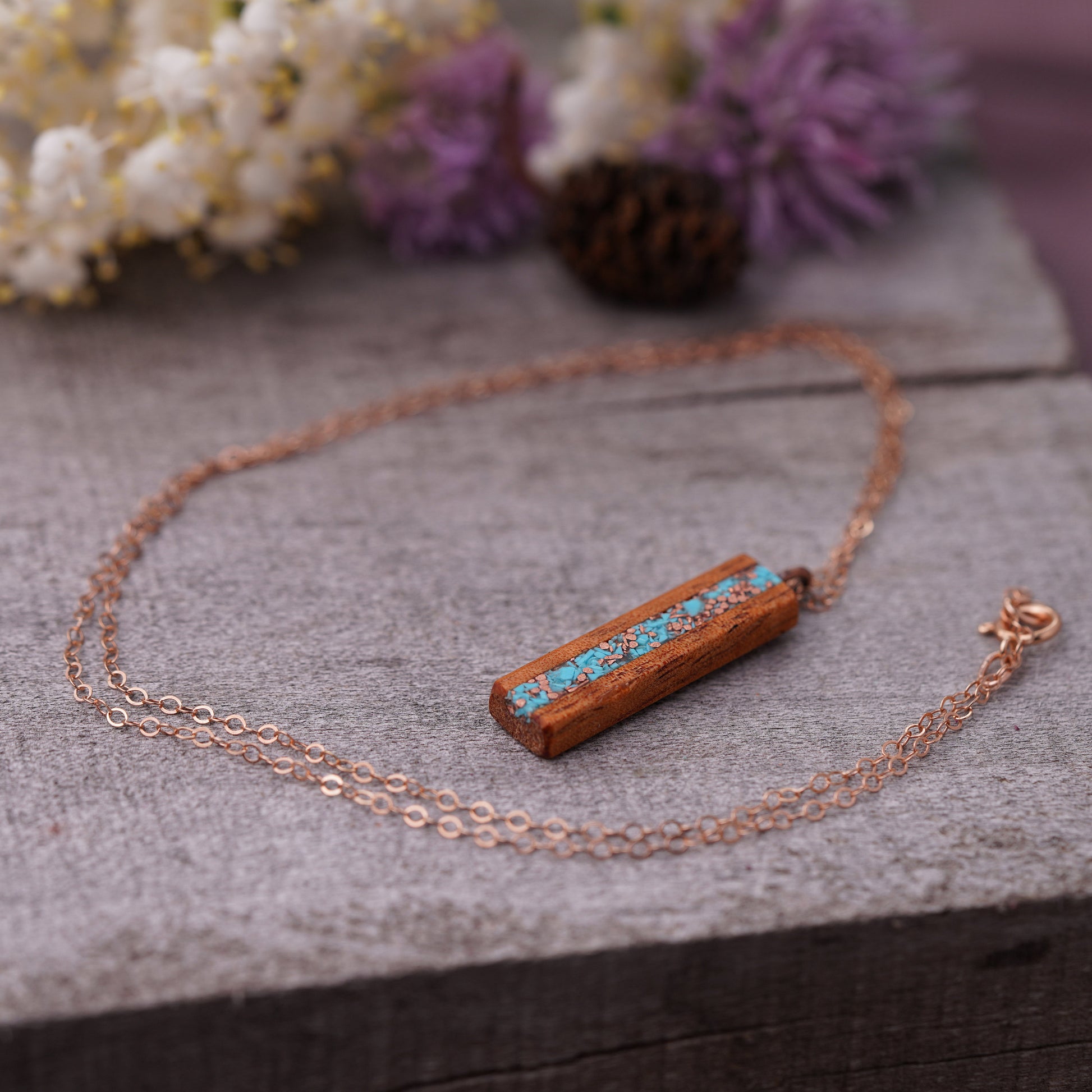 Koa Wood Necklace with Turquoise and Copper Inlay