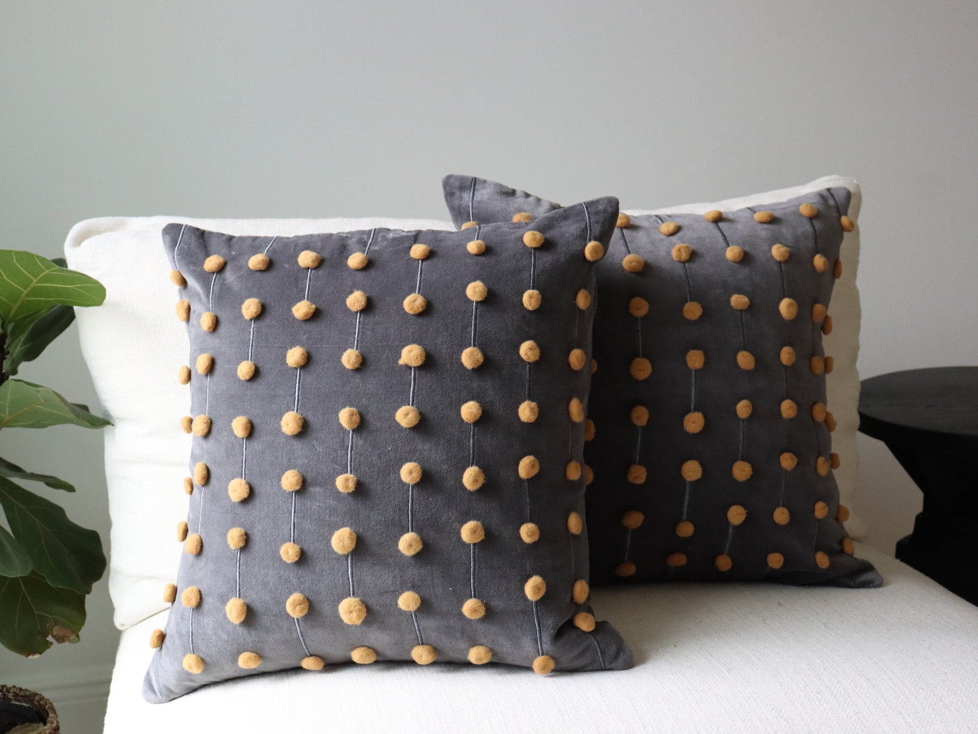 Gray and Yellow 18x18" Throw Pillow Covers, Textured Pillows, Boho Covers, Decorative Cover, Simple Sofa Accent Cotton Velvet with Embroidery