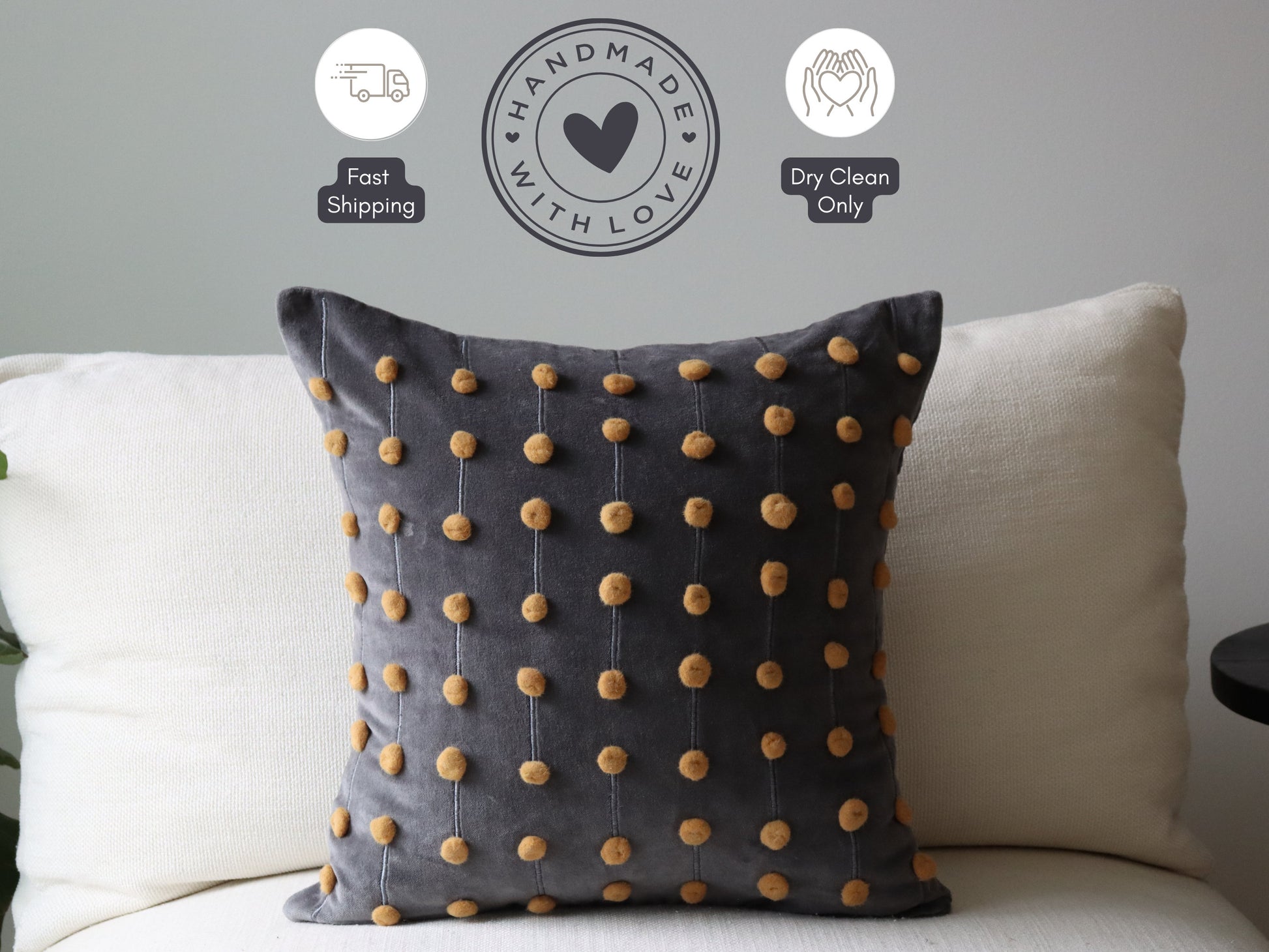 Gray and Yellow 18x18" Throw Pillow Covers, Textured Pillows, Boho Covers, Decorative Cover, Simple Sofa Accent Cotton Velvet with Embroidery